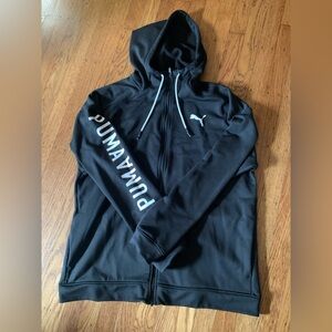 Black Puma zipped jacket with hood and white letters